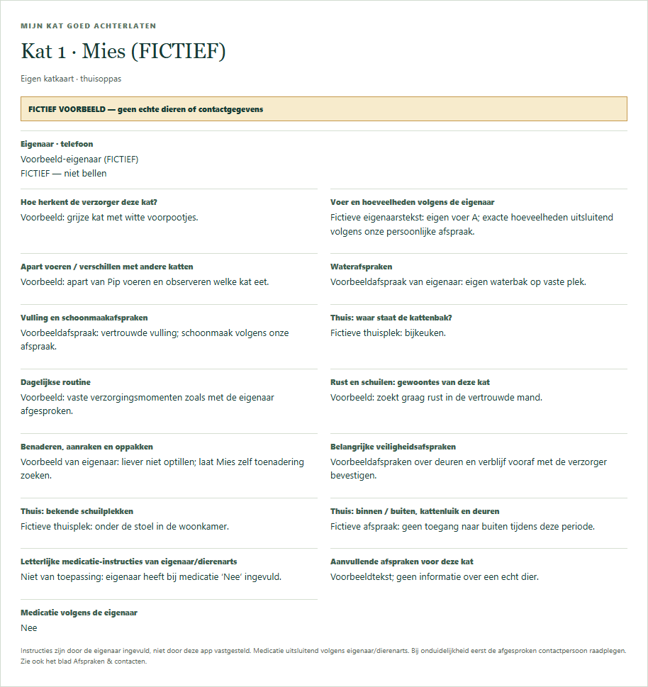 Katkaart uit de invulhulp met fictieve voorbeeldgegevens: eigenaar, herkenning, voer, water, kattenbak, dagritme, rust en schuilen, omgang, veiligheid en medicatie